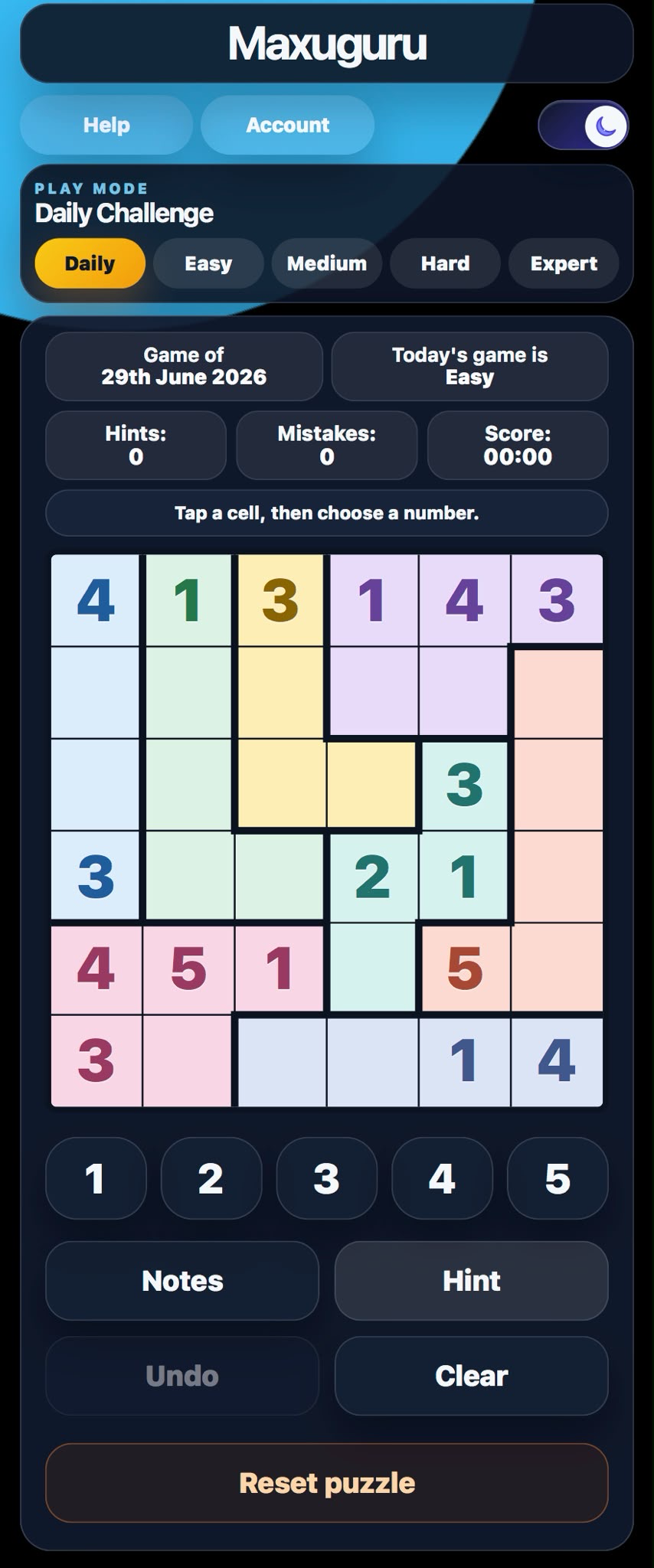 MaxuGuru app screen showing the daily challenge puzzle interface